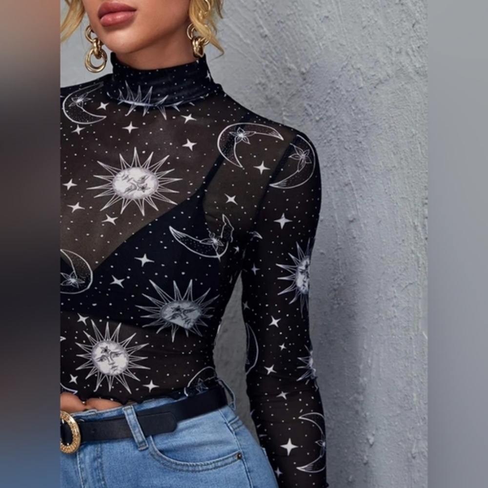 ADIOLI Sheer Sun & Moon Turtleneck Crop Top
